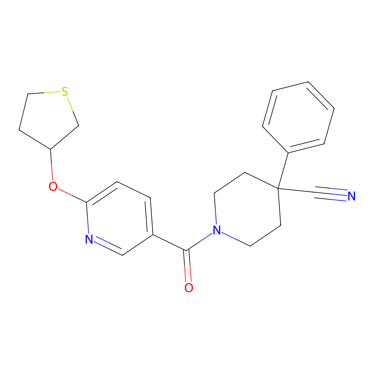 4-Phenyl-1-(6-((tetrahydrothiophen-3-yl)oxy)nicotinoyl)piperidine-4-carbonitrile molecular structure, CAS 2034238-34-9
