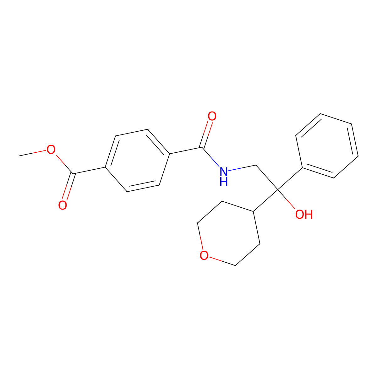 methyl 4-((2-hydroxy-2-phenyl-2-(tetrahydro-2H-pyran-4-yl)ethyl)carbamoyl)benzoate molecular structure, CAS 2034238-73-6