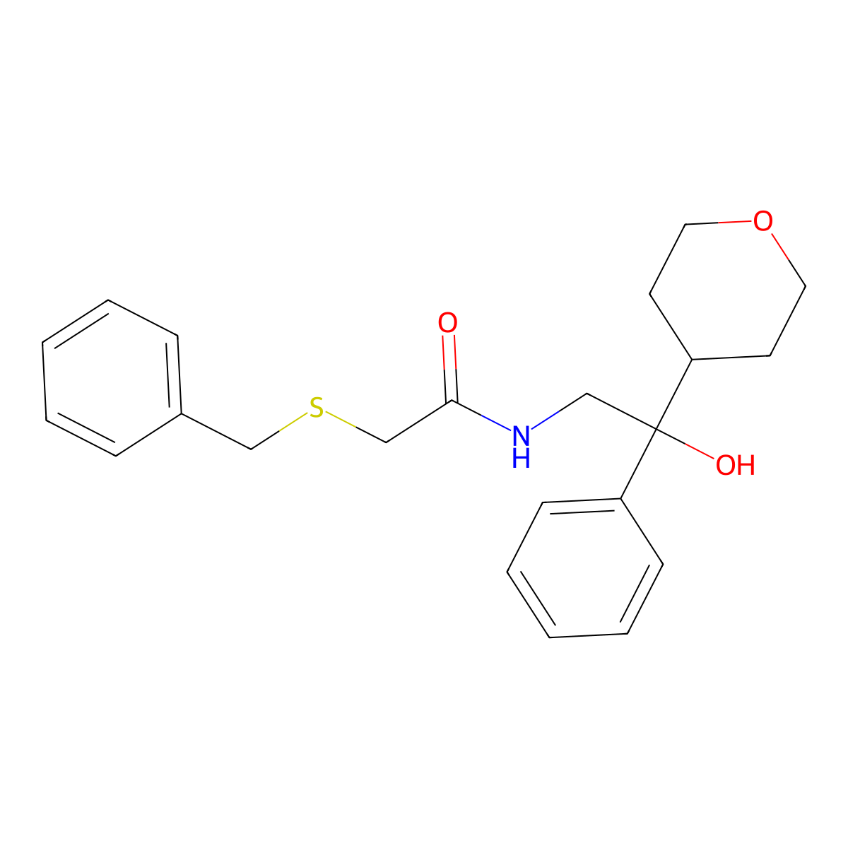 2-(benzylthio)-N-(2-hydroxy-2-phenyl-2-(tetrahydro-2H-pyran-4-yl)ethyl)acetamide molecular structure, CAS 2034238-78-1