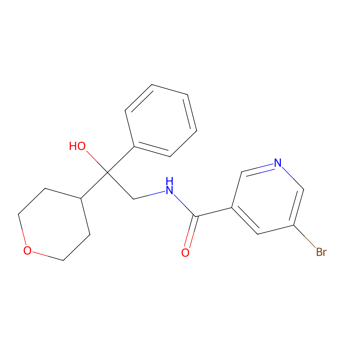 5-bromo-N-(2-hydroxy-2-phenyl-2-(tetrahydro-2H-pyran-4-yl)ethyl)nicotinamide molecular structure, CAS 2034238-88-3