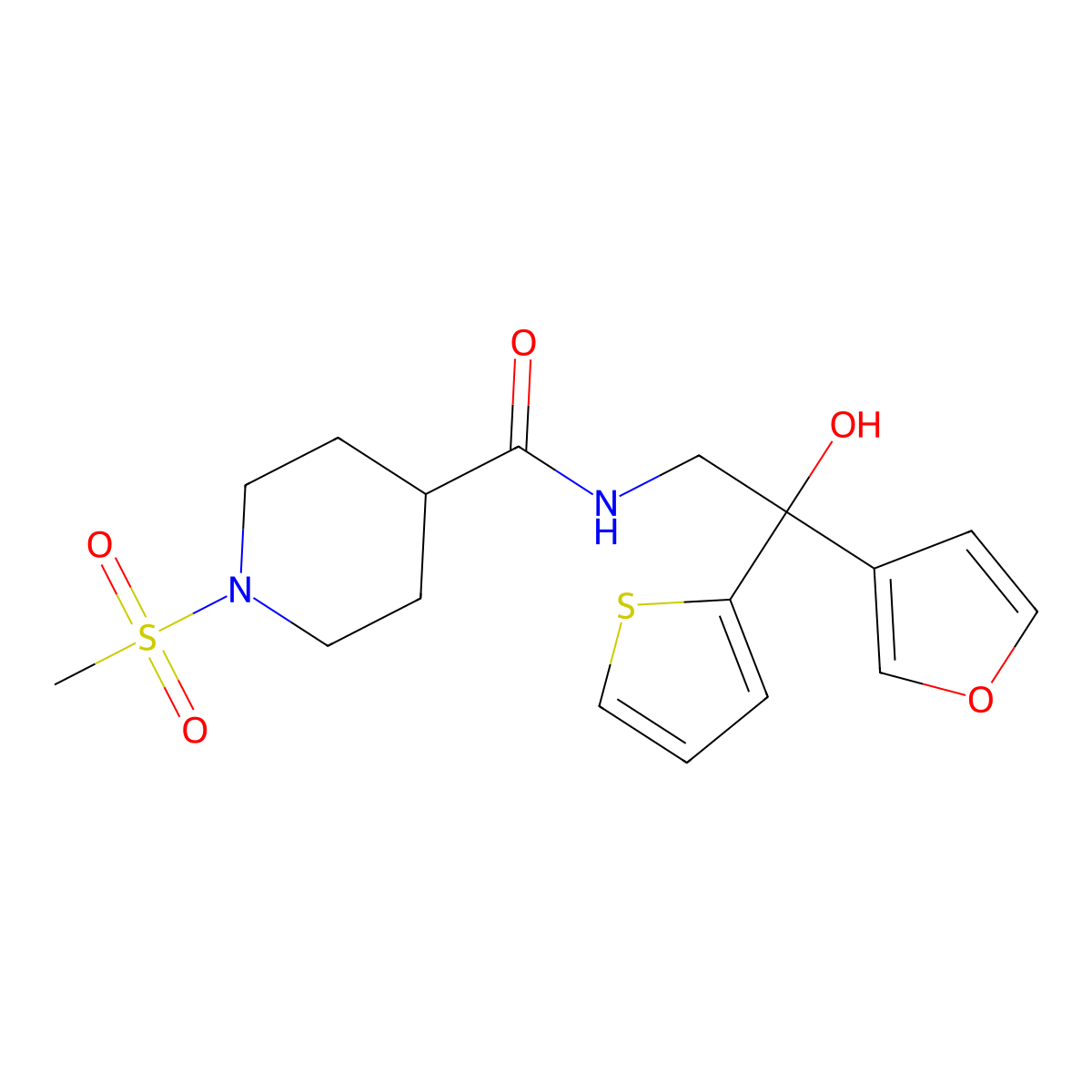 N-(2-(furan-3-yl)-2-hydroxy-2-(thiophen-2-yl)ethyl)-1-(methylsulfonyl)piperidine-4-carboxamide molecular structure, CAS 2034239-13-7