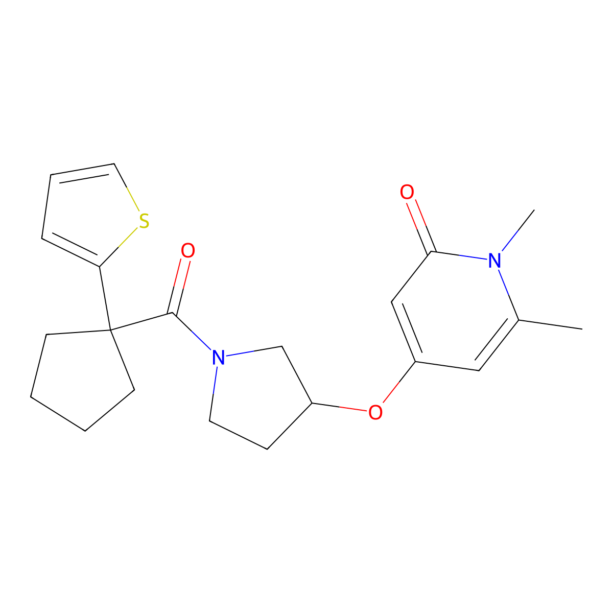 1,6-dimethyl-4-((1-(1-(thiophen-2-yl)cyclopentanecarbonyl)pyrrolidin-3-yl)oxy)pyridin-2(1H)-one molecular structure, CAS 2034239-44-4