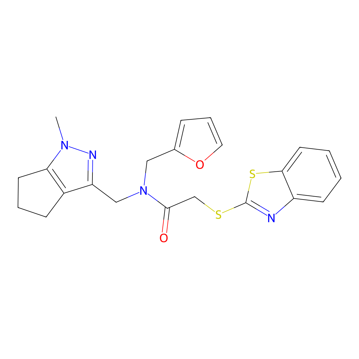 2-(benzo[d]thiazol-2-ylthio)-N-(furan-2-ylmethyl)-N-((1-methyl-1,4,5,6-tetrahydrocyclopenta[c]pyrazol-3-yl)methyl)acetamide molecular structure, CAS 2034239-46-6