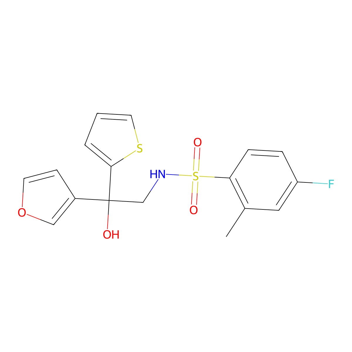 4-fluoro-N-(2-(furan-3-yl)-2-hydroxy-2-(thiophen-2-yl)ethyl)-2-methylbenzenesulfonamide molecular structure, CAS 2034239-47-7