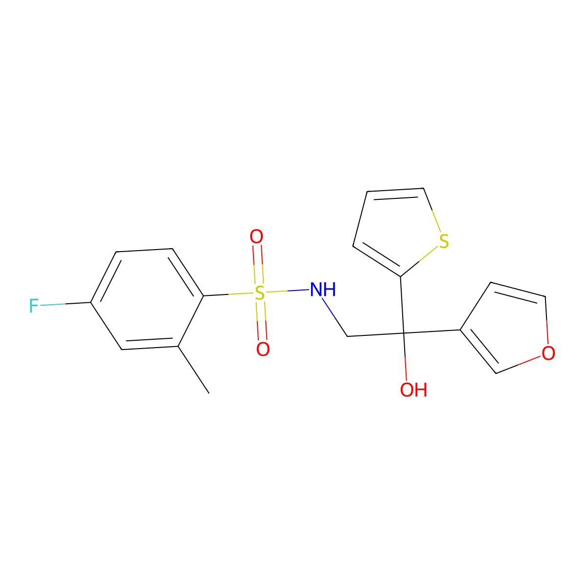 4-fluoro-N-(2-(furan-3-yl)-2-hydroxy-2-(thiophen-2-yl)ethyl)-2-methylbenzenesulfonamide molecular structure, CAS 2034239-47-7