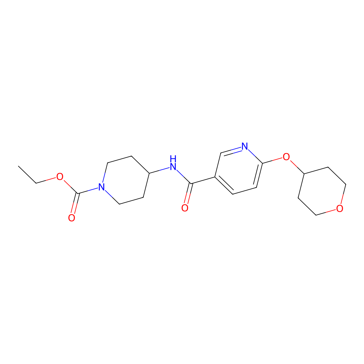 ethyl 4-(6-((tetrahydro-2H-pyran-4-yl)oxy)nicotinamido)piperidine-1-carboxylate molecular structure, CAS 2034239-64-8