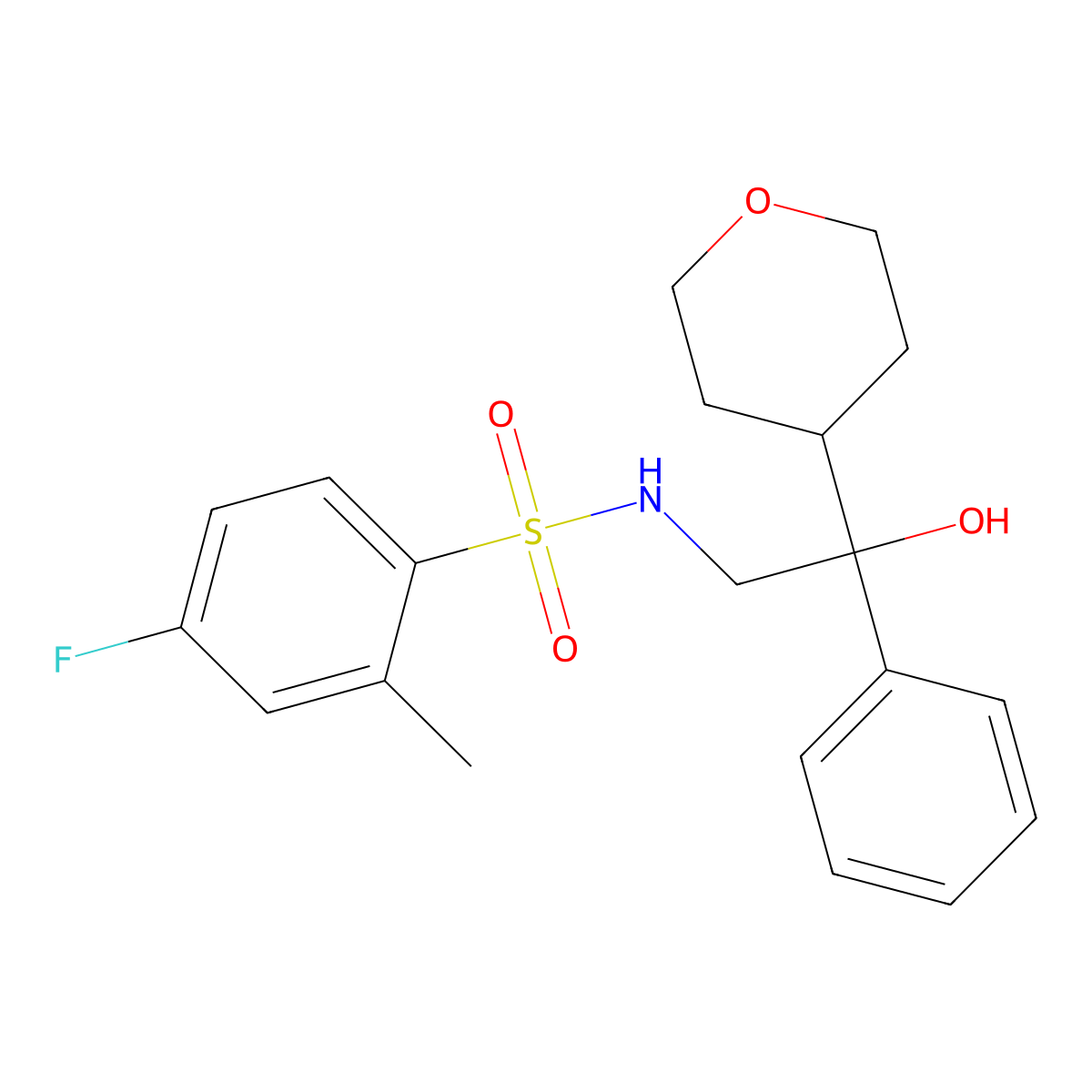 4-fluoro-N-(2-hydroxy-2-phenyl-2-(tetrahydro-2H-pyran-4-yl)ethyl)-2-methylbenzenesulfonamide molecular structure, CAS 2034239-66-0