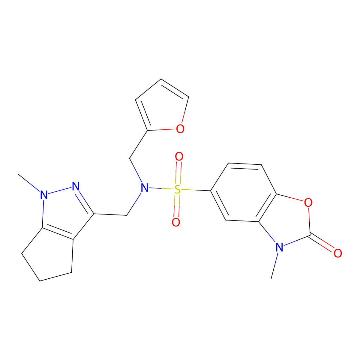 N-(furan-2-ylmethyl)-3-methyl-N-((1-methyl-1,4,5,6-tetrahydrocyclopenta[c]pyrazol-3-yl)methyl)-2-oxo-2,3-dihydrobenzo[d]oxazole-5-sulfonamide molecular structure, CAS 2034239-68-2