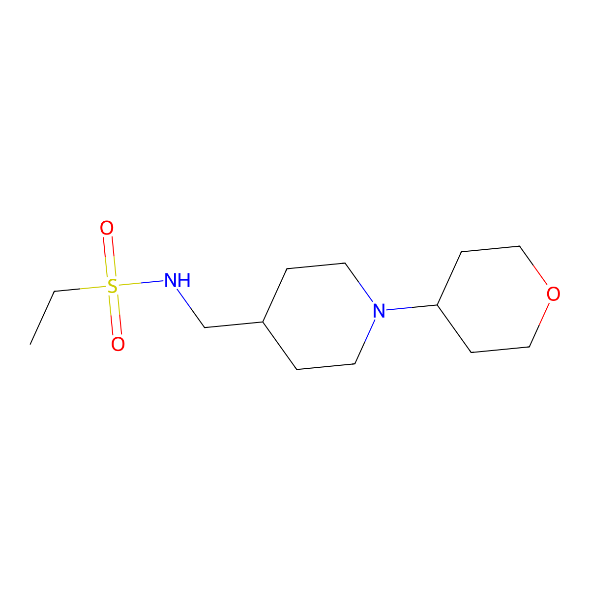 N-((1-(tetrahydro-2H-pyran-4-yl)piperidin-4-yl)methyl)ethanesulfonamide molecular structure, CAS 2034239-69-3