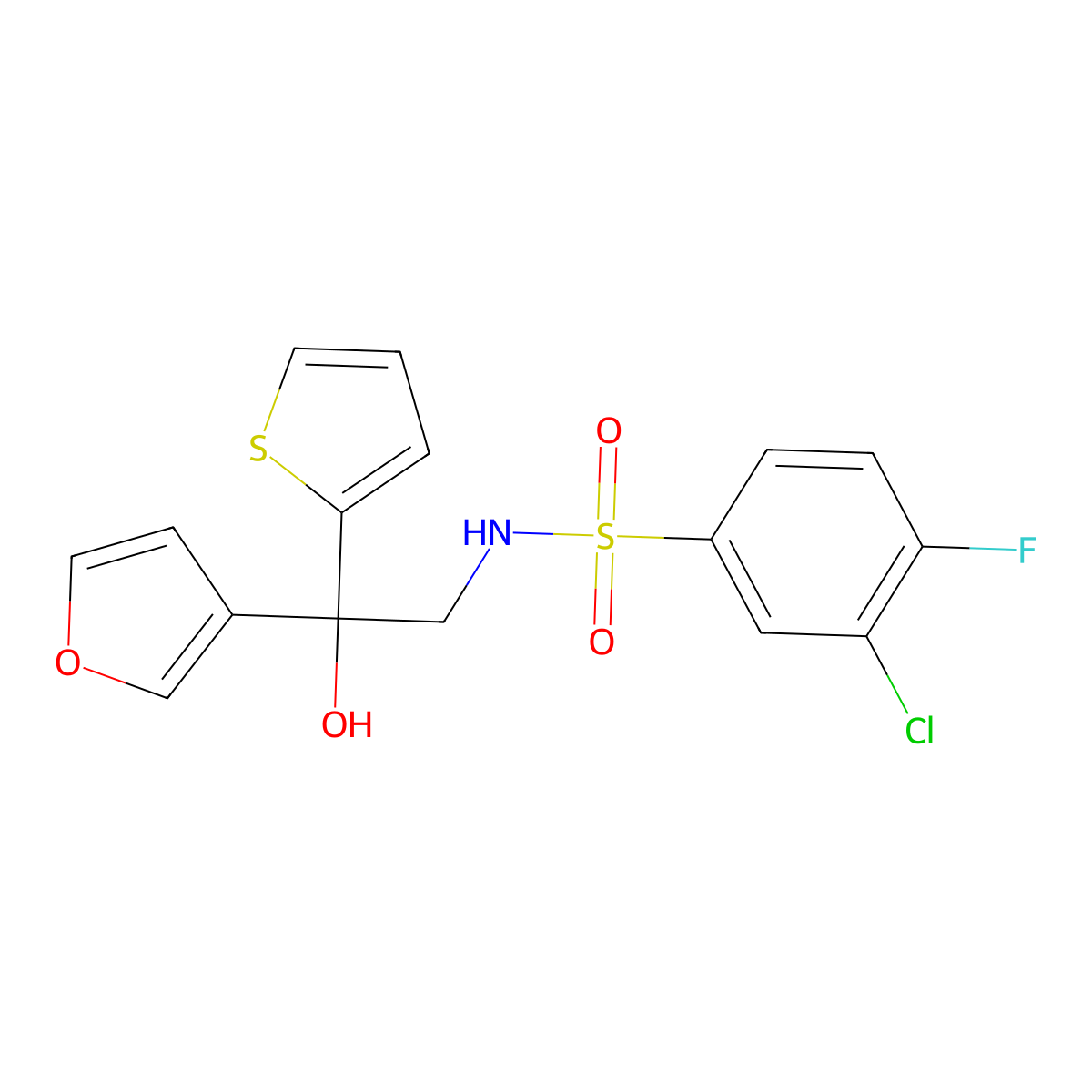3-chloro-4-fluoro-N-(2-(furan-3-yl)-2-hydroxy-2-(thiophen-2-yl)ethyl)benzenesulfonamide molecular structure, CAS 2034239-71-7