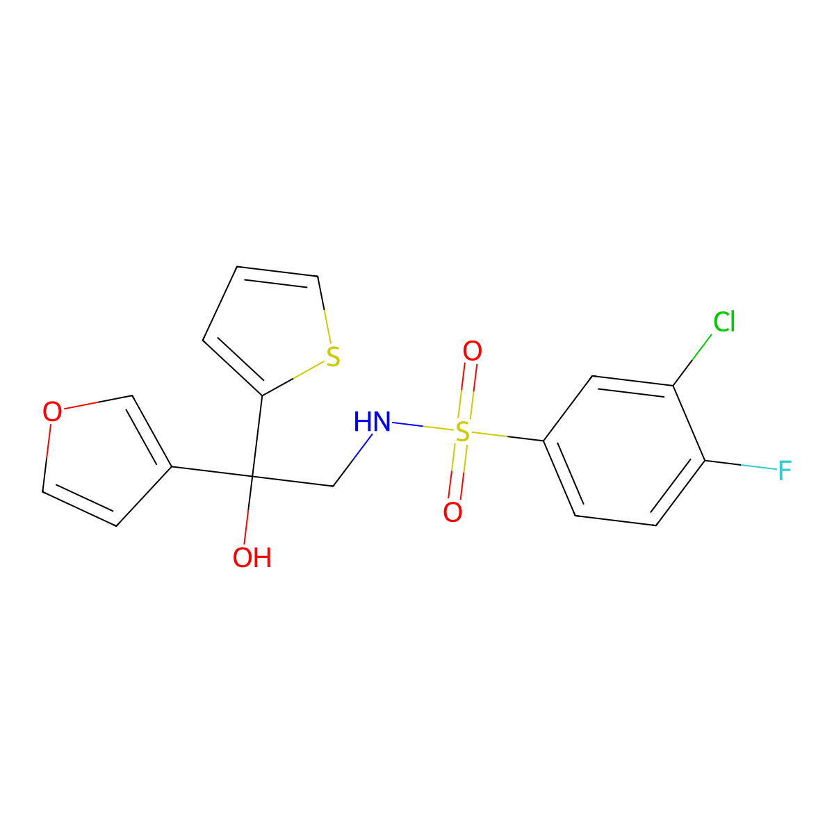 3-chloro-4-fluoro-N-(2-(furan-3-yl)-2-hydroxy-2-(thiophen-2-yl)ethyl)benzenesulfonamide molecular structure, CAS 2034239-71-7