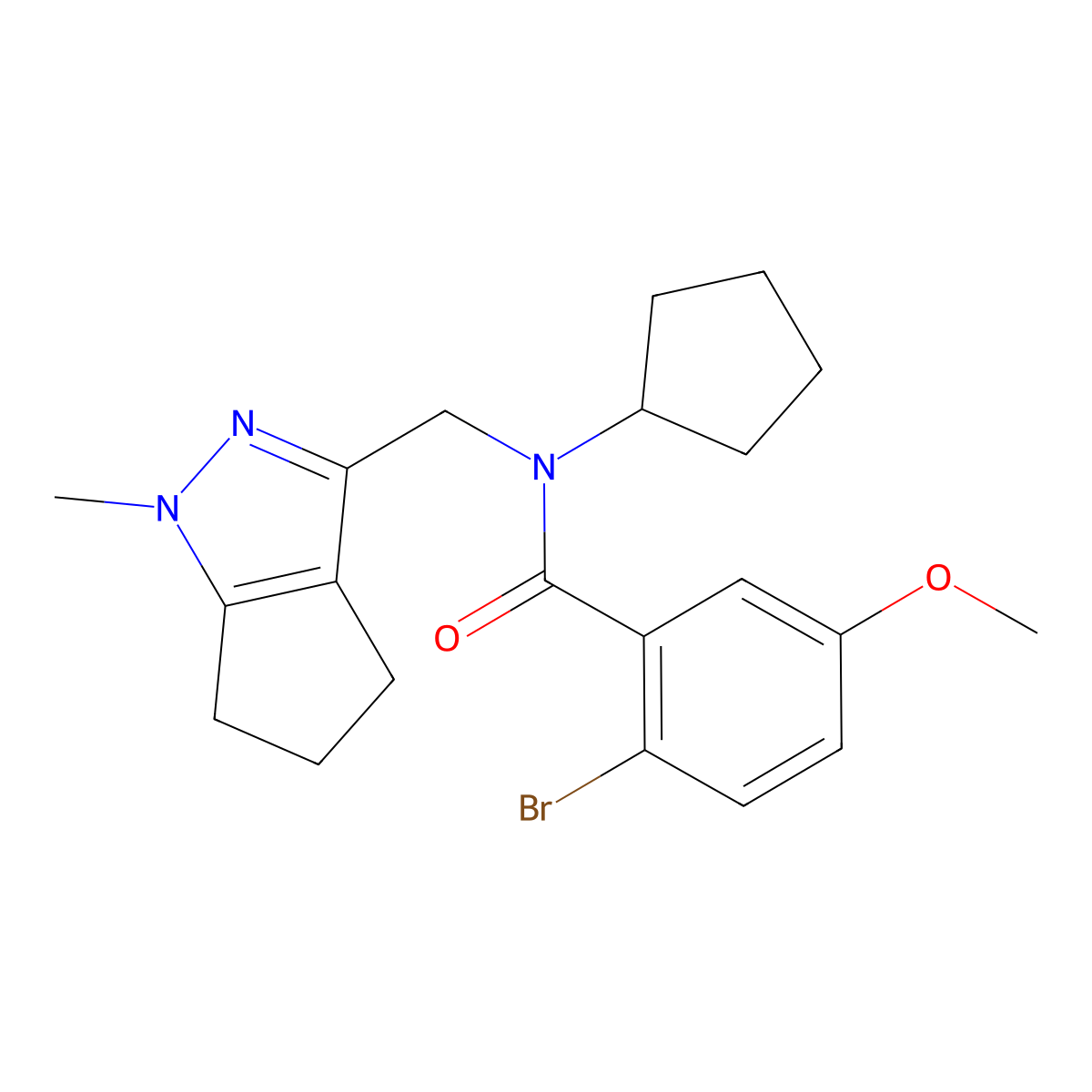 2-bromo-N-cyclopentyl-5-methoxy-N-((1-methyl-1,4,5,6-tetrahydrocyclopenta[c]pyrazol-3-yl)methyl)benzamide molecular structure, CAS 2034239-72-8