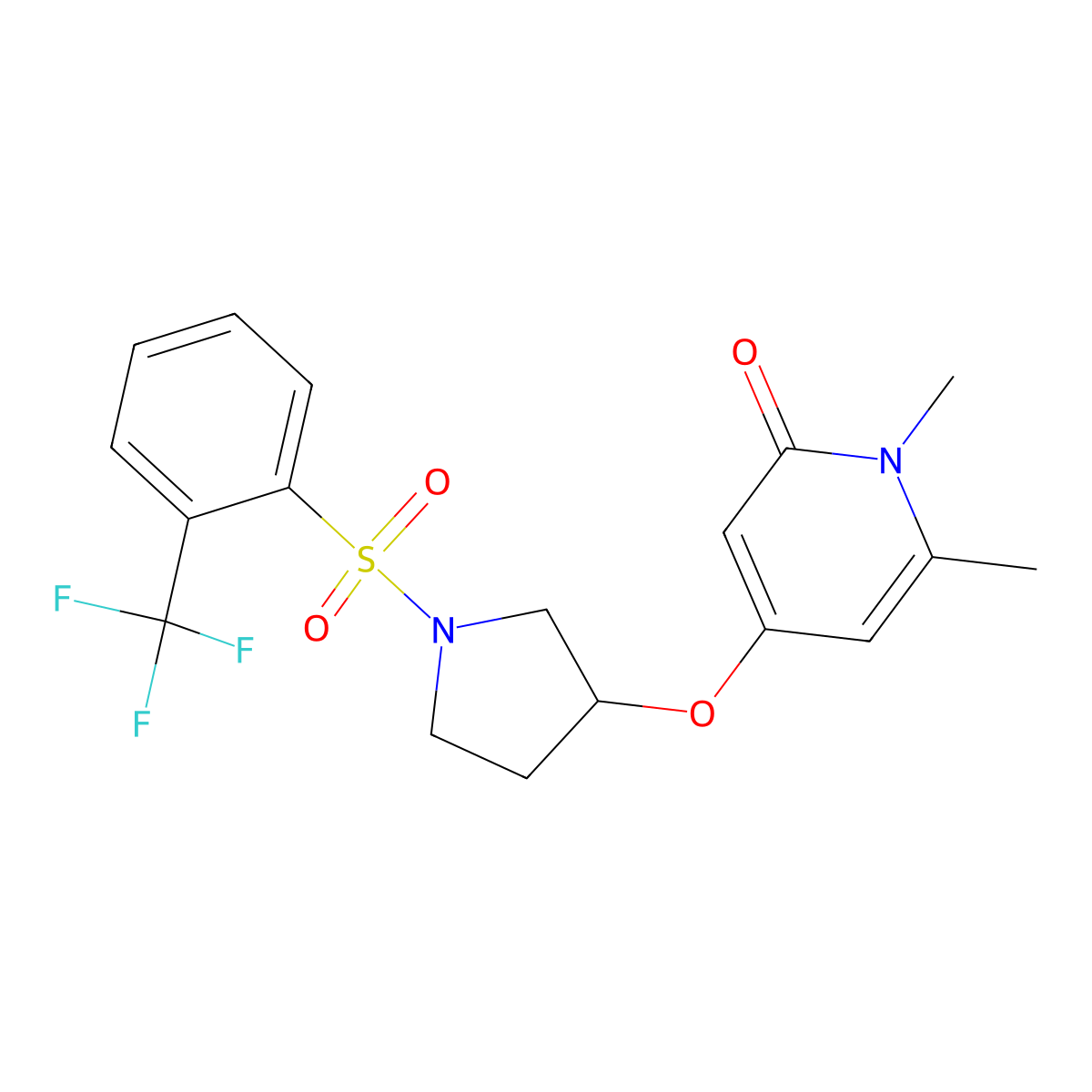 1,6-dimethyl-4-((1-((2-(trifluoromethyl)phenyl)sulfonyl)pyrrolidin-3-yl)oxy)pyridin-2(1H)-one molecular structure, CAS 2034239-76-2