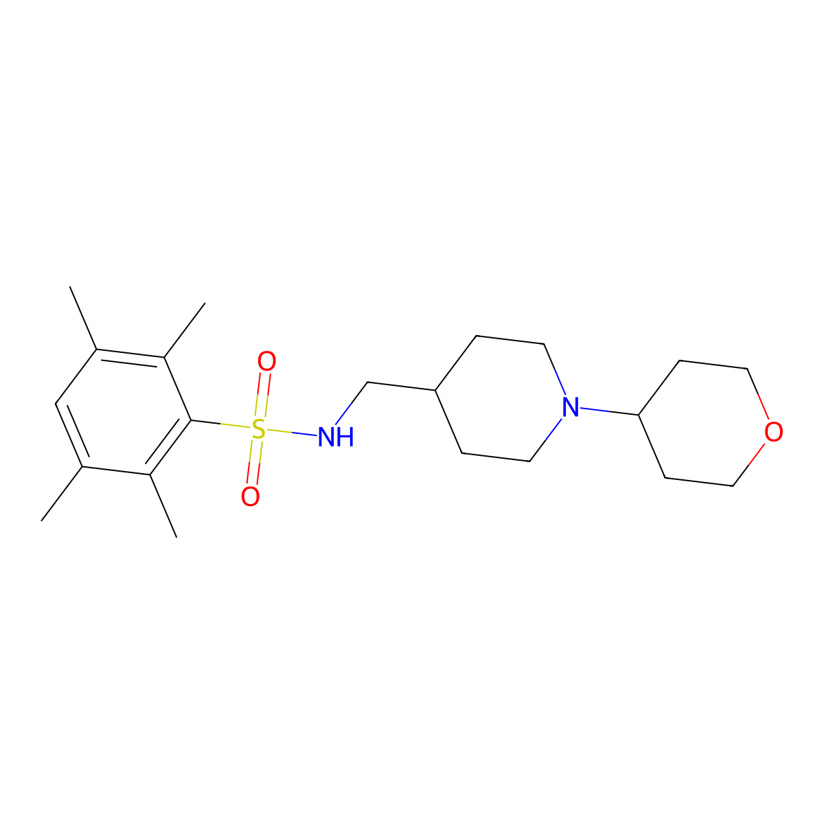 2,3,5,6-tetramethyl-N-((1-(tetrahydro-2H-pyran-4-yl)piperidin-4-yl)methyl)benzenesulfonamide molecular structure, CAS 2034239-88-6