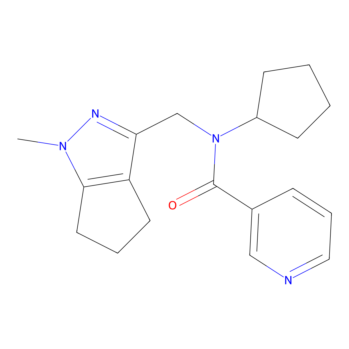 N-cyclopentyl-N-((1-methyl-1,4,5,6-tetrahydrocyclopenta[c]pyrazol-3-yl)methyl)nicotinamide molecular structure, CAS 2034239-89-7