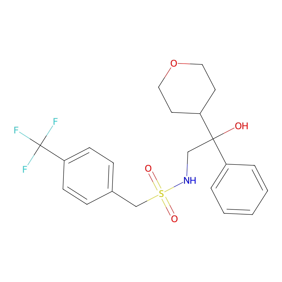 N-[2-hydroxy-2-(oxan-4-yl)-2-phenylethyl]-1-[4-(trifluoromethyl)phenyl]methanesulfonamide molecular structure, CAS 2034239-90-0