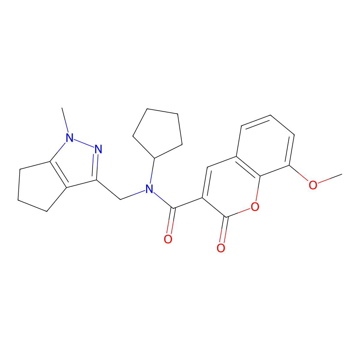 N-cyclopentyl-8-methoxy-N-((1-methyl-1,4,5,6-tetrahydrocyclopenta[c]pyrazol-3-yl)methyl)-2-oxo-2H-chromene-3-carboxamide molecular structure, CAS 2034239-98-8