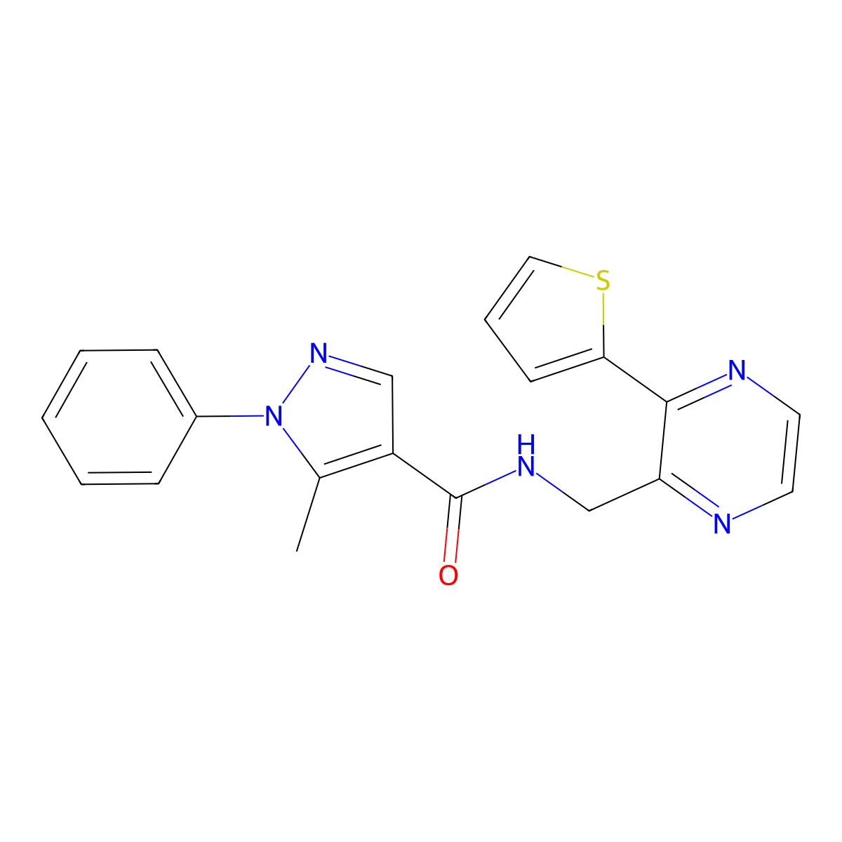 5-methyl-1-phenyl-N-((3-(thiophen-2-yl)pyrazin-2-yl)methyl)-1H-pyrazole-4-carboxamide molecular structure, CAS 2034239-99-9