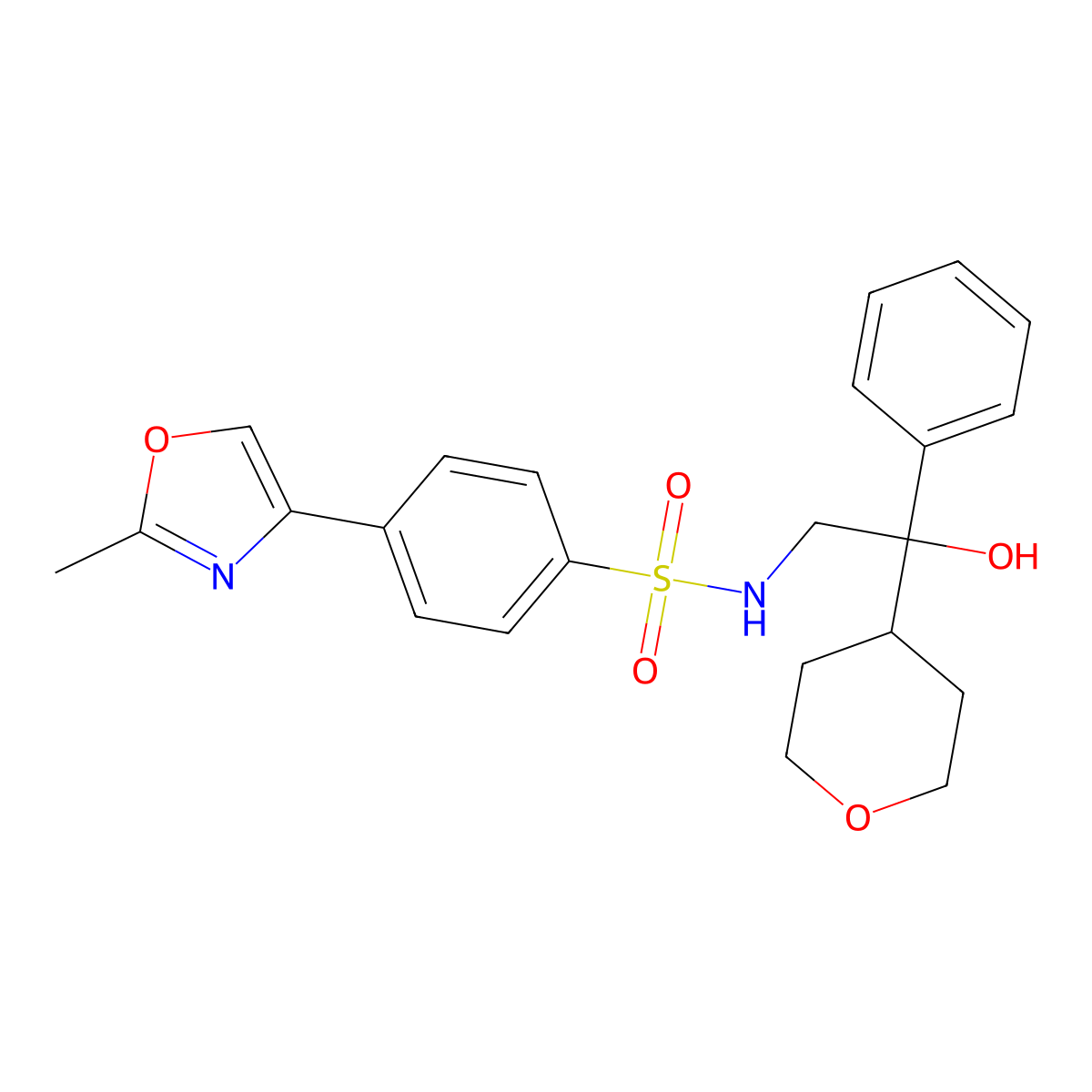 N-(2-hydroxy-2-phenyl-2-(tetrahydro-2H-pyran-4-yl)ethyl)-4-(2-methyloxazol-4-yl)benzenesulfonamide molecular structure, CAS 2034240-02-1