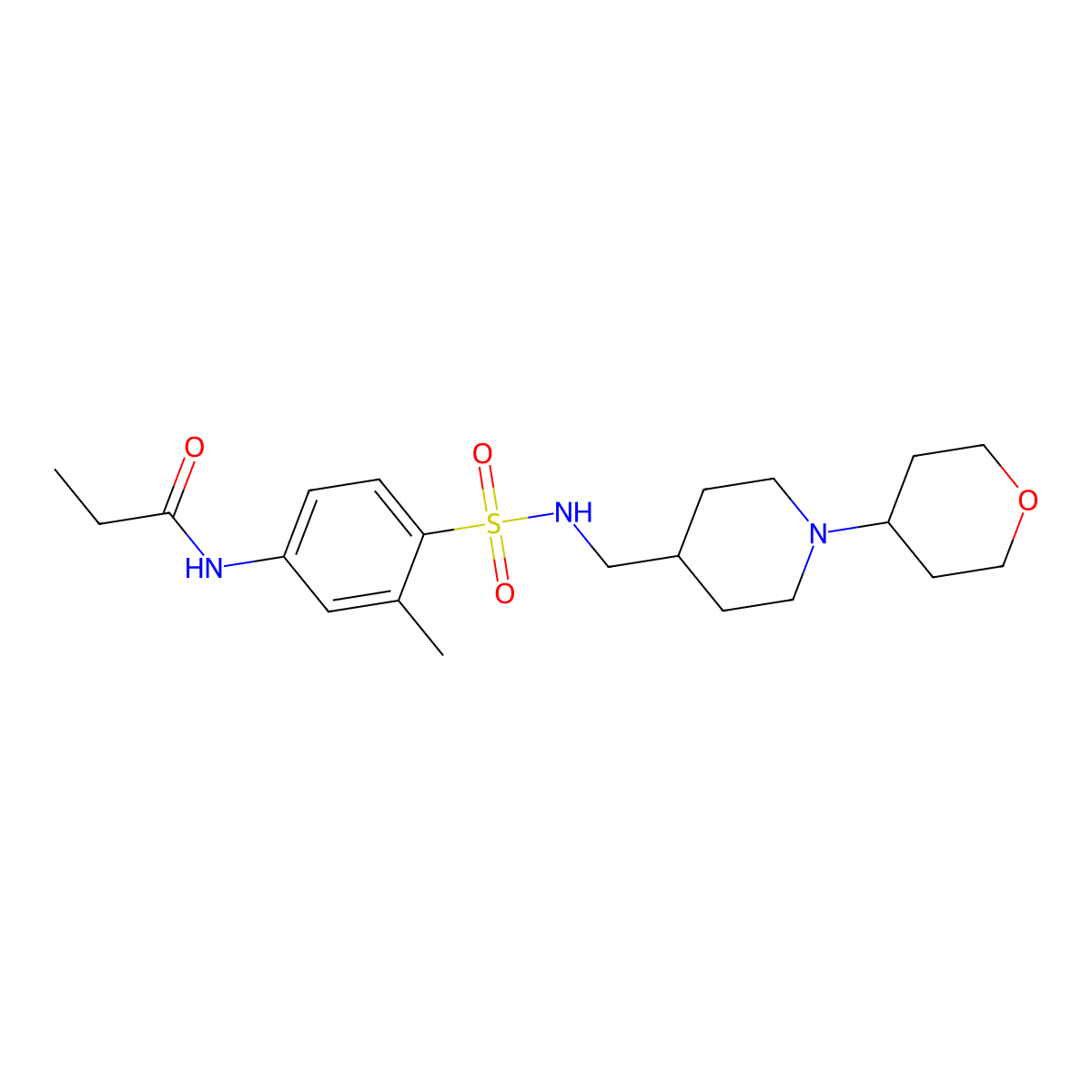 N-(3-methyl-4-(N-((1-(tetrahydro-2H-pyran-4-yl)piperidin-4-yl)methyl)sulfamoyl)phenyl)propionamide molecular structure, CAS 2034240-05-4