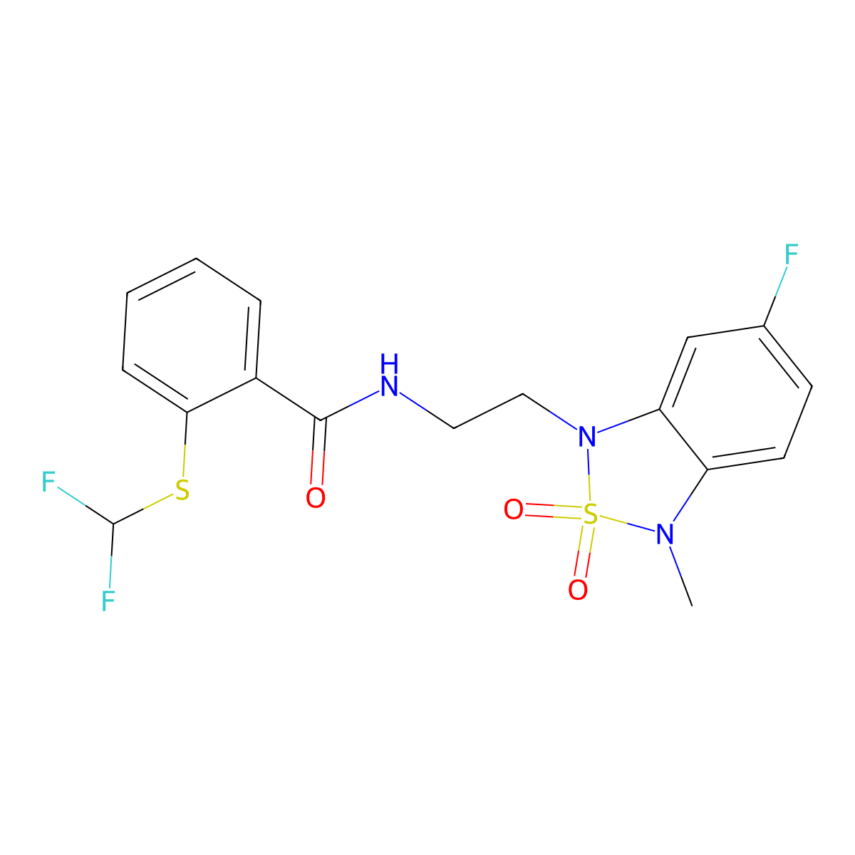 2-((difluoromethyl)thio)-N-(2-(6-fluoro-3-methyl-2,2-dioxidobenzo[c][1,2,5]thiadiazol-1(3H)-yl)ethyl)benzamide molecular structure, CAS 2034240-06-5