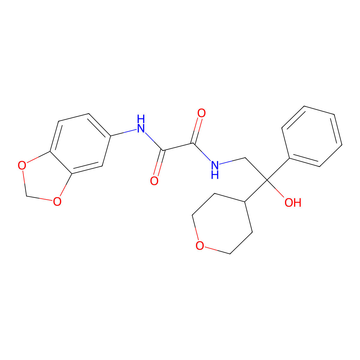 N1-(benzo[d][1,3]dioxol-5-yl)-N2-(2-hydroxy-2-phenyl-2-(tetrahydro-2H-pyran-4-yl)ethyl)oxalamide molecular structure, CAS 2034240-11-2