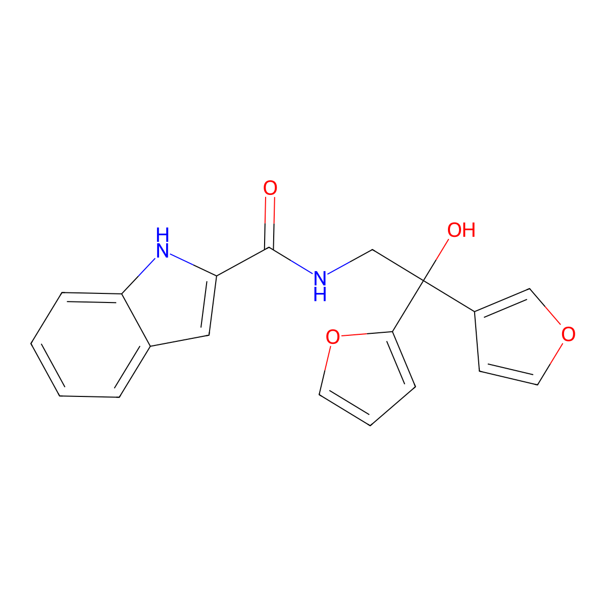 N-[2-(furan-2-yl)-2-(furan-3-yl)-2-hydroxyethyl]-1H-indole-2-carboxamide molecular structure, CAS 2034240-12-3