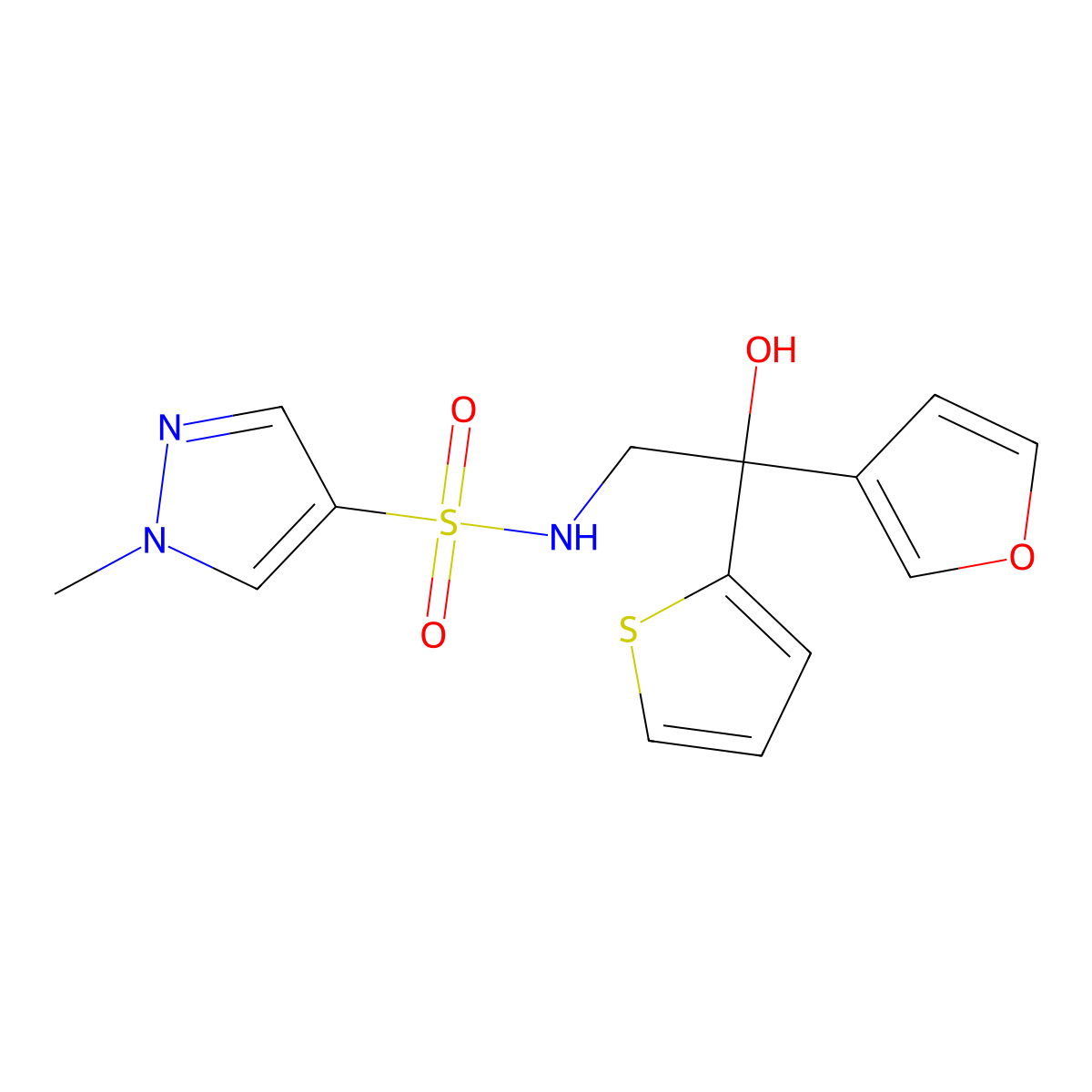 N-(2-(furan-3-yl)-2-hydroxy-2-(thiophen-2-yl)ethyl)-1-methyl-1H-pyrazole-4-sulfonamide molecular structure, CAS 2034240-18-9