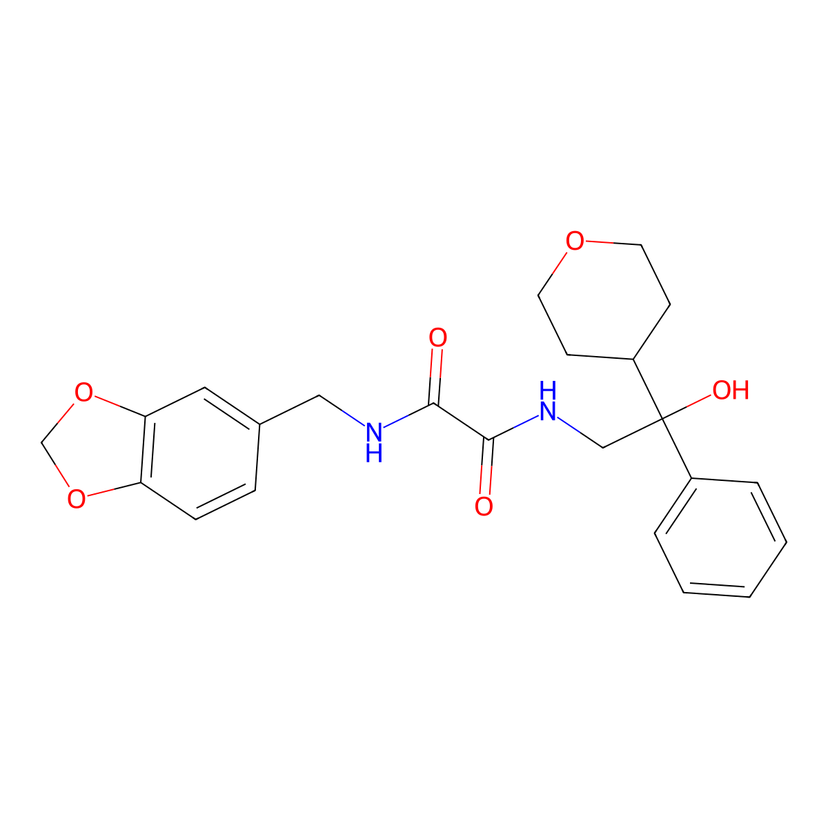 N1-(benzo[d][1,3]dioxol-5-ylmethyl)-N2-(2-hydroxy-2-phenyl-2-(tetrahydro-2H-pyran-4-yl)ethyl)oxalamide molecular structure, CAS 2034240-20-3