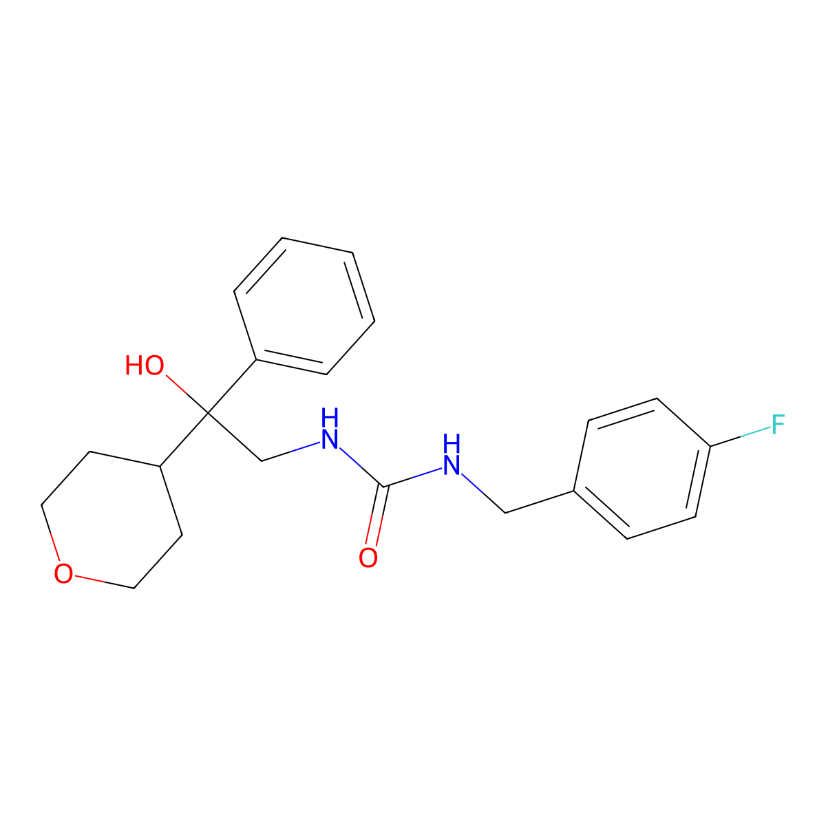 1-(4-fluorobenzyl)-3-(2-hydroxy-2-phenyl-2-(tetrahydro-2H-pyran-4-yl)ethyl)urea molecular structure, CAS 2034240-30-5