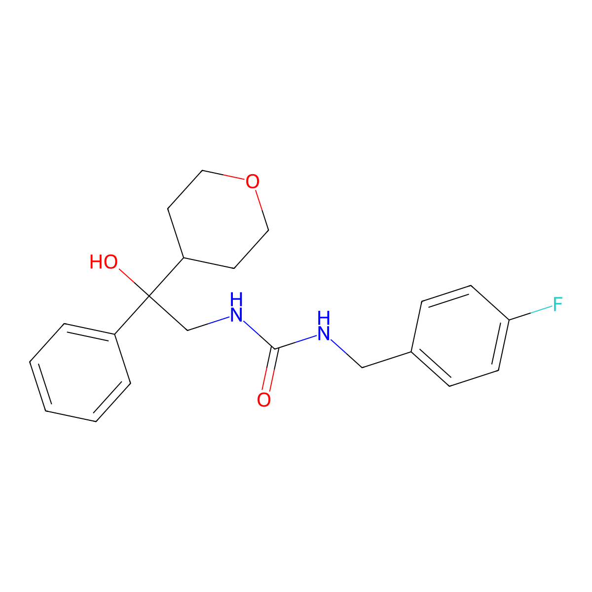1-(4-fluorobenzyl)-3-(2-hydroxy-2-phenyl-2-(tetrahydro-2H-pyran-4-yl)ethyl)urea molecular structure, CAS 2034240-30-5