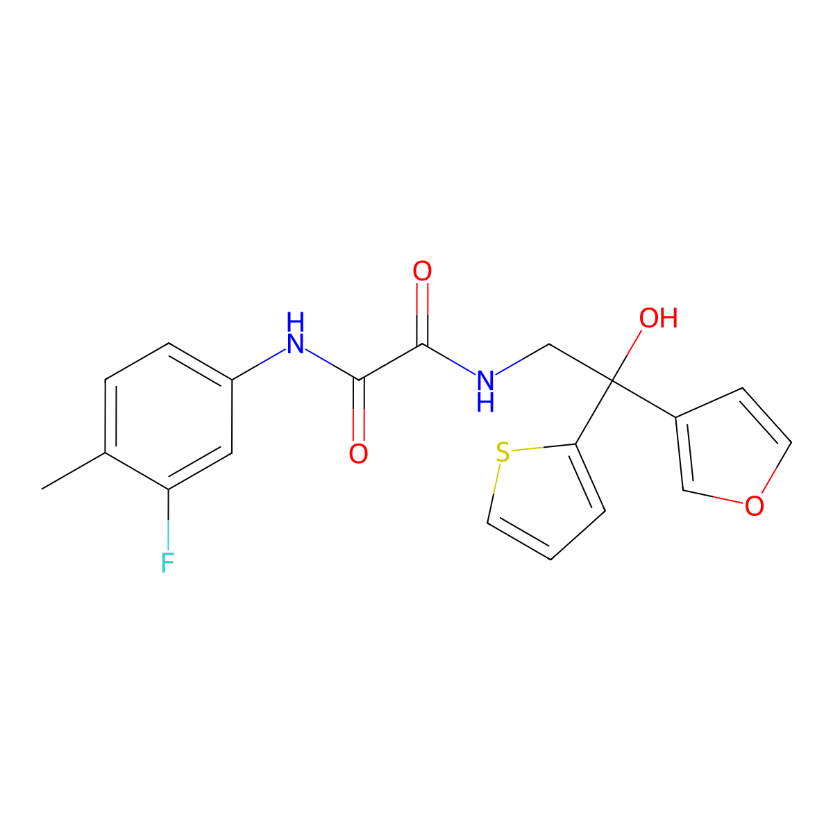 N1-(3-fluoro-4-methylphenyl)-N2-(2-(furan-3-yl)-2-hydroxy-2-(thiophen-2-yl)ethyl)oxalamide molecular structure, CAS 2034240-39-4