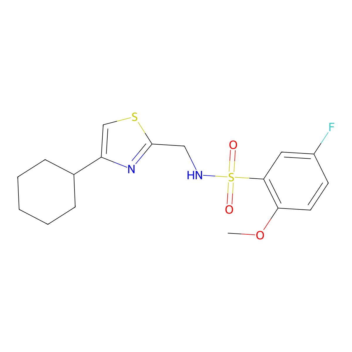 N-((4-cyclohexylthiazol-2-yl)methyl)-5-fluoro-2-methoxybenzenesulfonamide molecular structure, CAS 2034240-44-1