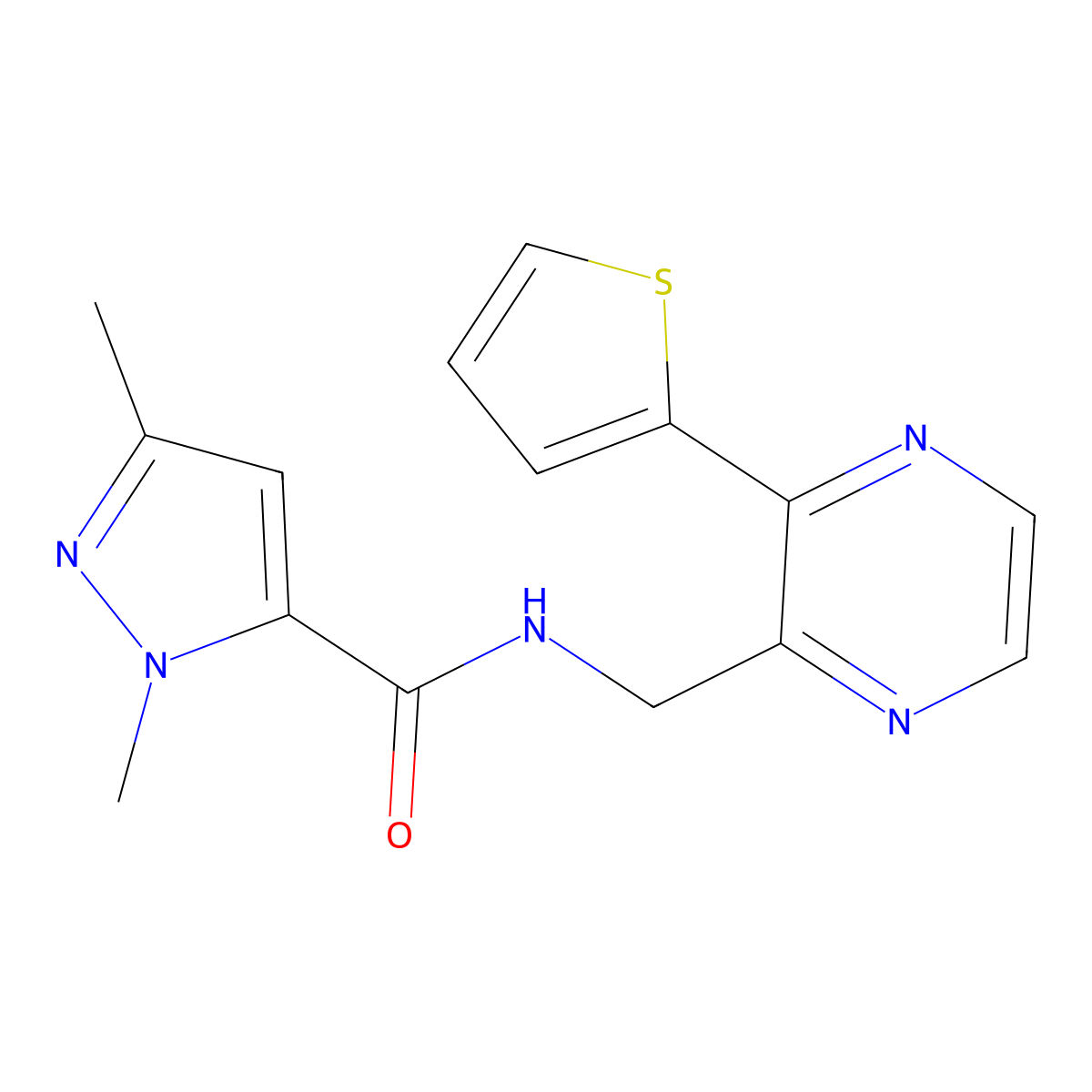 1,3-dimethyl-N-{[3-(thiophen-2-yl)pyrazin-2-yl]methyl}-1H-pyrazole-5-carboxamide molecular structure, CAS 2034240-46-3