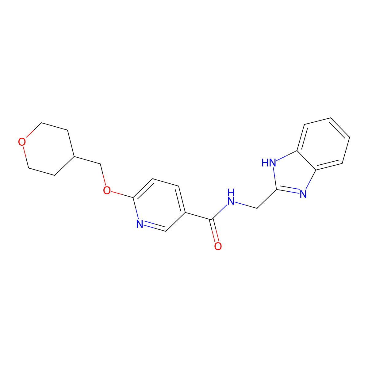 N-((1H-benzo[d]imidazol-2-yl)methyl)-6-((tetrahydro-2H-pyran-4-yl)methoxy)nicotinamide molecular structure, CAS 2034240-66-7