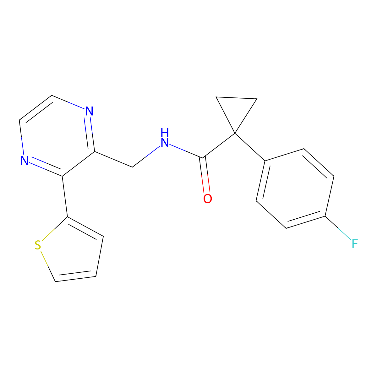 1-(4-fluorophenyl)-N-((3-(thiophen-2-yl)pyrazin-2-yl)methyl)cyclopropanecarboxamide molecular structure, CAS 2034240-68-9