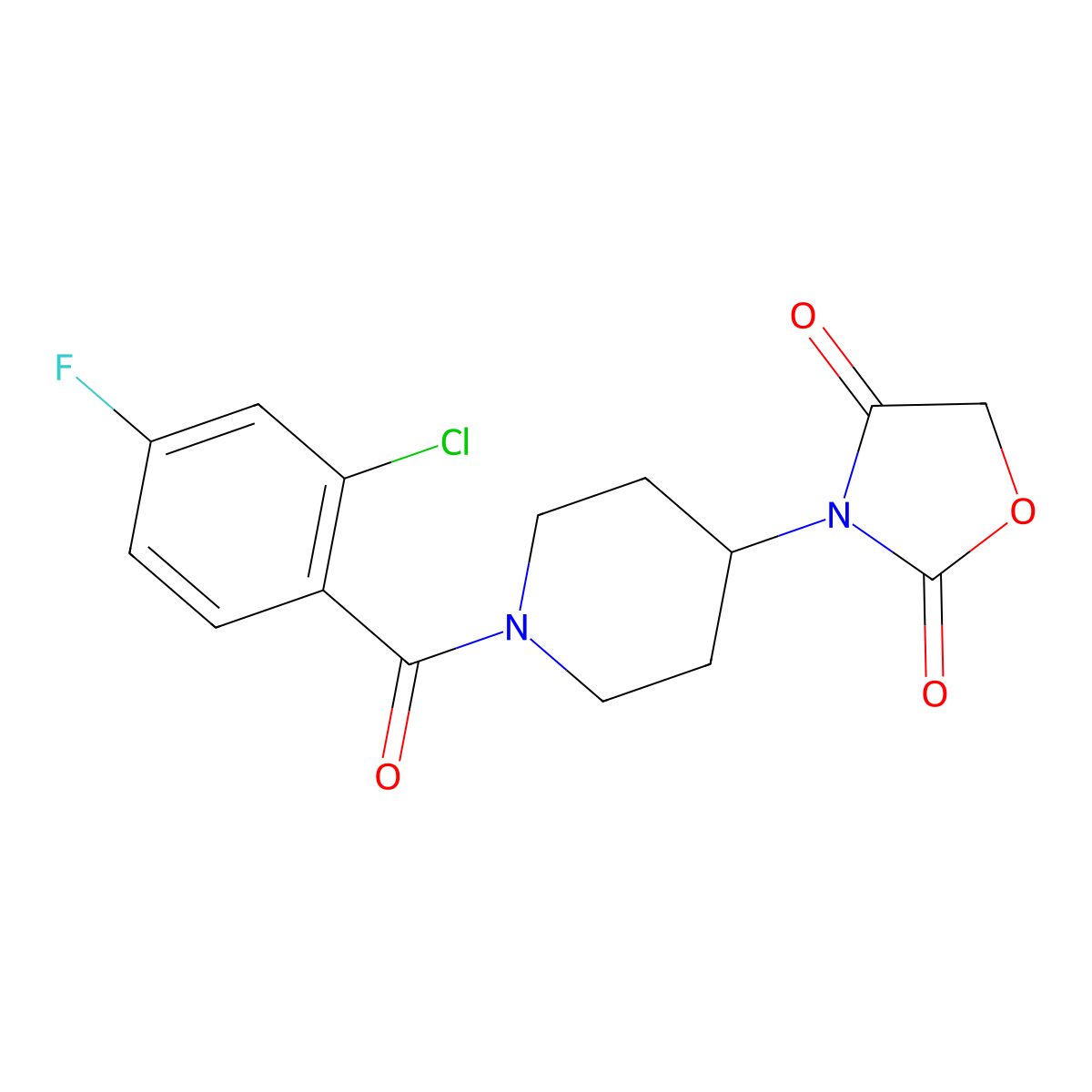 3-(1-(2-Chloro-4-fluorobenzoyl)piperidin-4-yl)oxazolidine-2,4-dione molecular structure, CAS 2034240-70-3