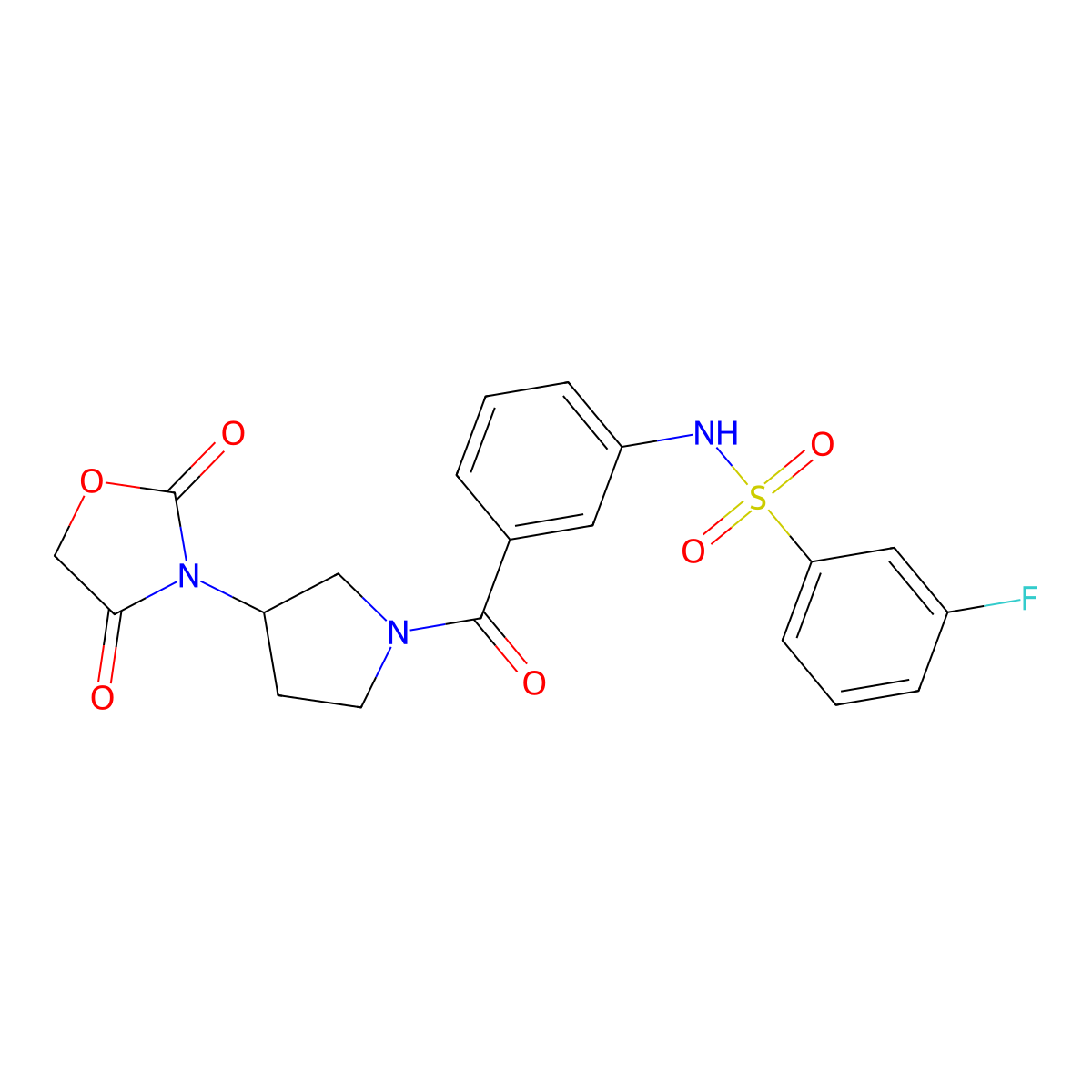 N-(3-(3-(2,4-dioxooxazolidin-3-yl)pyrrolidine-1-carbonyl)phenyl)-3-fluorobenzenesulfonamide molecular structure, CAS 2034240-79-2