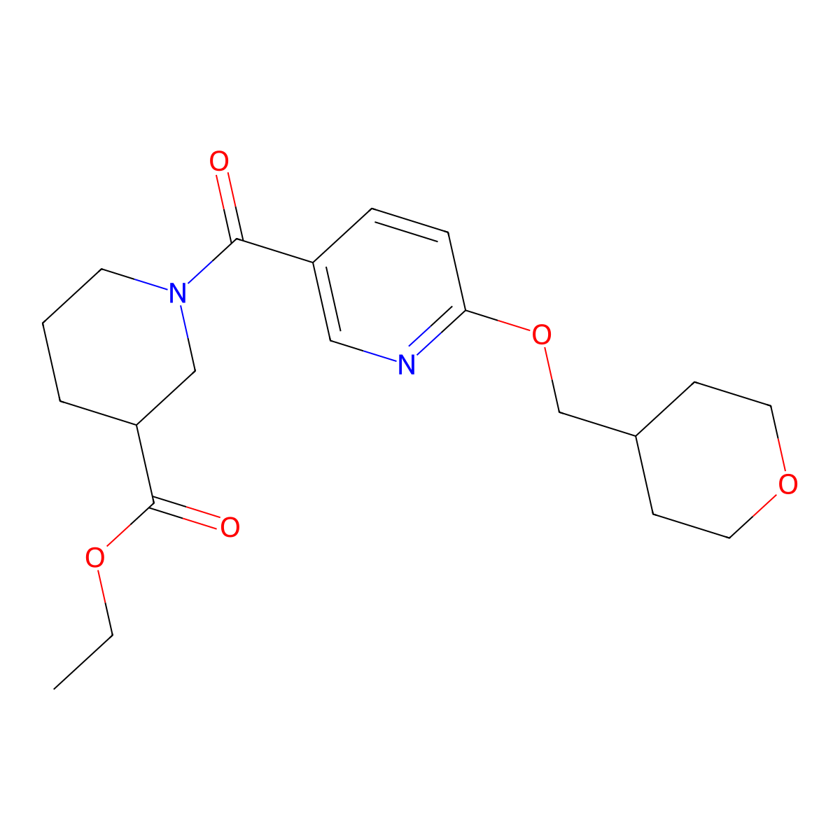 ethyl 1-(6-((tetrahydro-2H-pyran-4-yl)methoxy)nicotinoyl)piperidine-3-carboxylate molecular structure, CAS 2034240-80-5