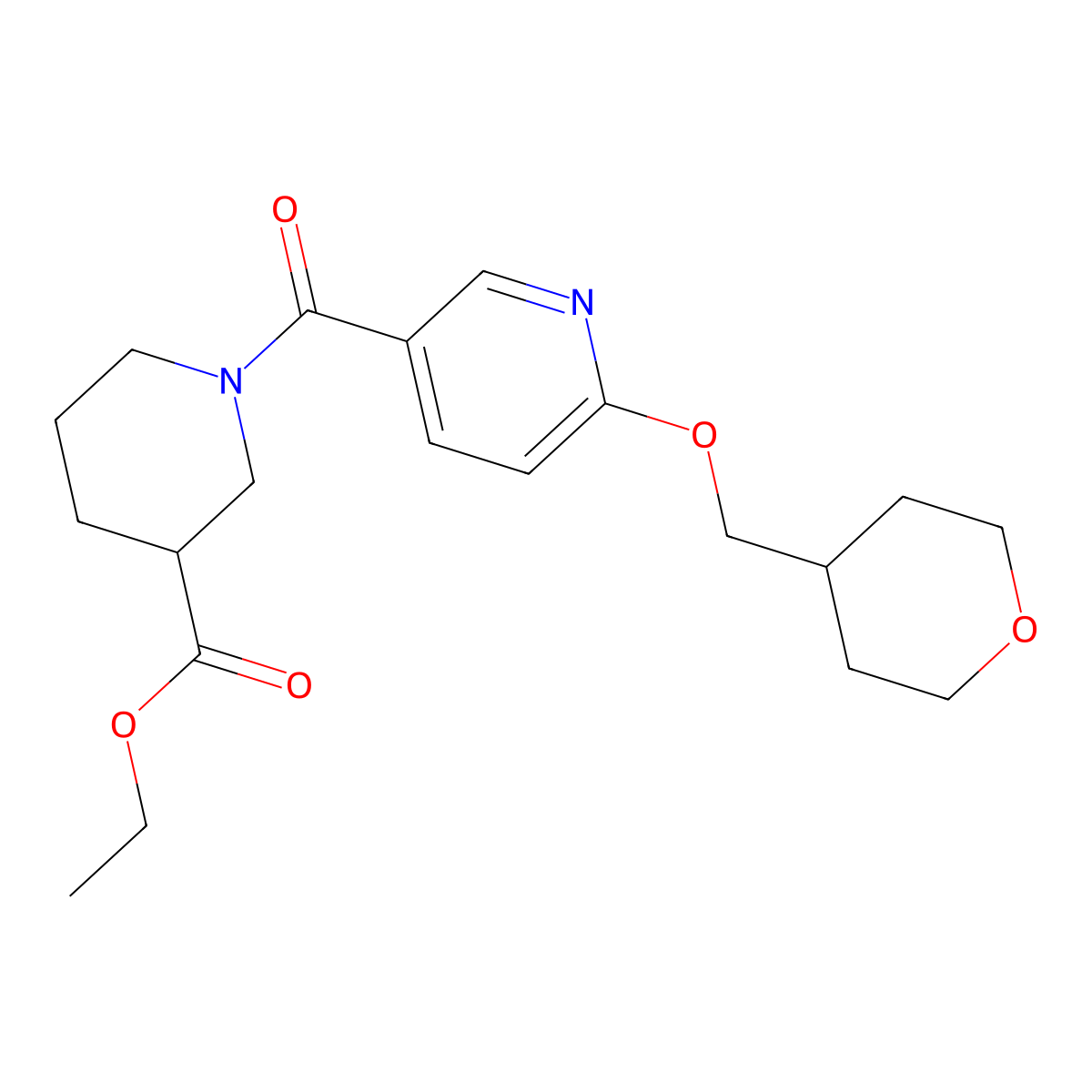 ethyl 1-(6-((tetrahydro-2H-pyran-4-yl)methoxy)nicotinoyl)piperidine-3-carboxylate molecular structure, CAS 2034240-80-5