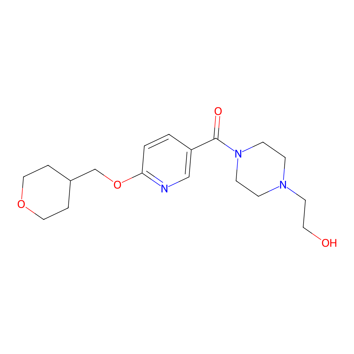 (4-(2-hydroxyethyl)piperazin-1-yl)(6-((tetrahydro-2H-pyran-4-yl)methoxy)pyridin-3-yl)methanone molecular structure, CAS 2034240-94-1