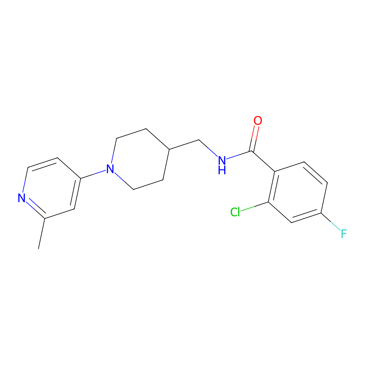 2-chloro-4-fluoro-N-((1-(2-methylpyridin-4-yl)piperidin-4-yl)methyl)benzamide molecular structure, CAS 2034241-03-5