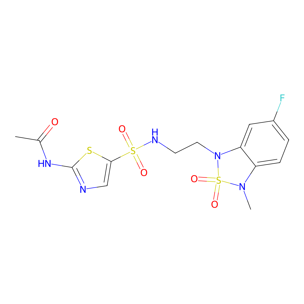 N-(5-(N-(2-(6-fluoro-3-methyl-2,2-dioxidobenzo[c][1,2,5]thiadiazol-1(3H)-yl)ethyl)sulfamoyl)thiazol-2-yl)acetamide molecular structure, CAS 2034241-15-9
