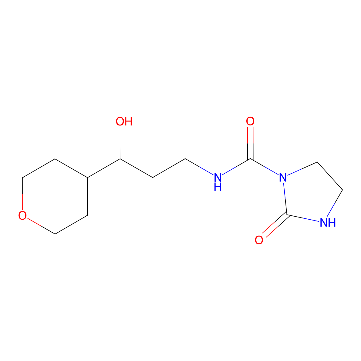 N-(3-hydroxy-3-(tetrahydro-2H-pyran-4-yl)propyl)-2-oxoimidazolidine-1-carboxamide molecular structure, CAS 2034241-16-0