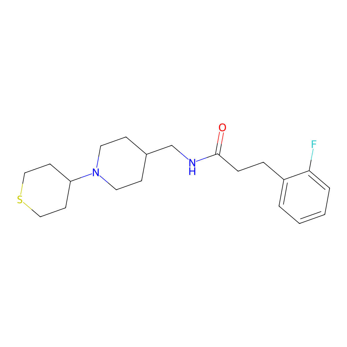3-(2-fluorophenyl)-N-((1-(tetrahydro-2H-thiopyran-4-yl)piperidin-4-yl)methyl)propanamide molecular structure, CAS 2034241-19-3