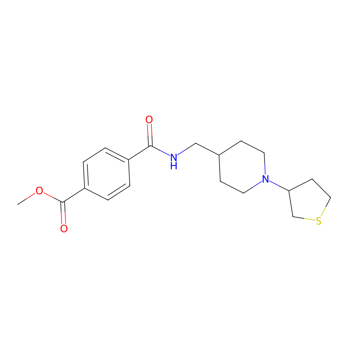 Methyl 4-(((1-(tetrahydrothiophen-3-yl)piperidin-4-yl)methyl)carbamoyl)benzoate molecular structure, CAS 2034241-20-6