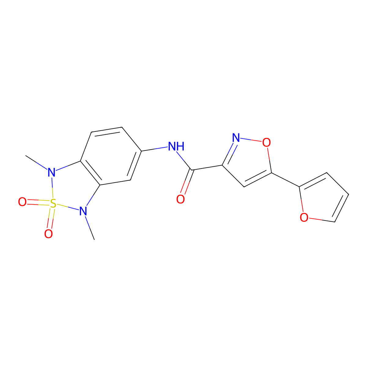 N-(1,3-dimethyl-2,2-dioxido-1,3-dihydrobenzo[c][1,2,5]thiadiazol-5-yl)-5-(furan-2-yl)isoxazole-3-carboxamide molecular structure, CAS 2034241-31-9