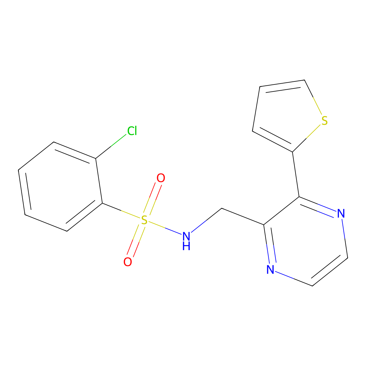 2-chloro-N-((3-(thiophen-2-yl)pyrazin-2-yl)methyl)benzenesulfonamide molecular structure, CAS 2034241-32-0
