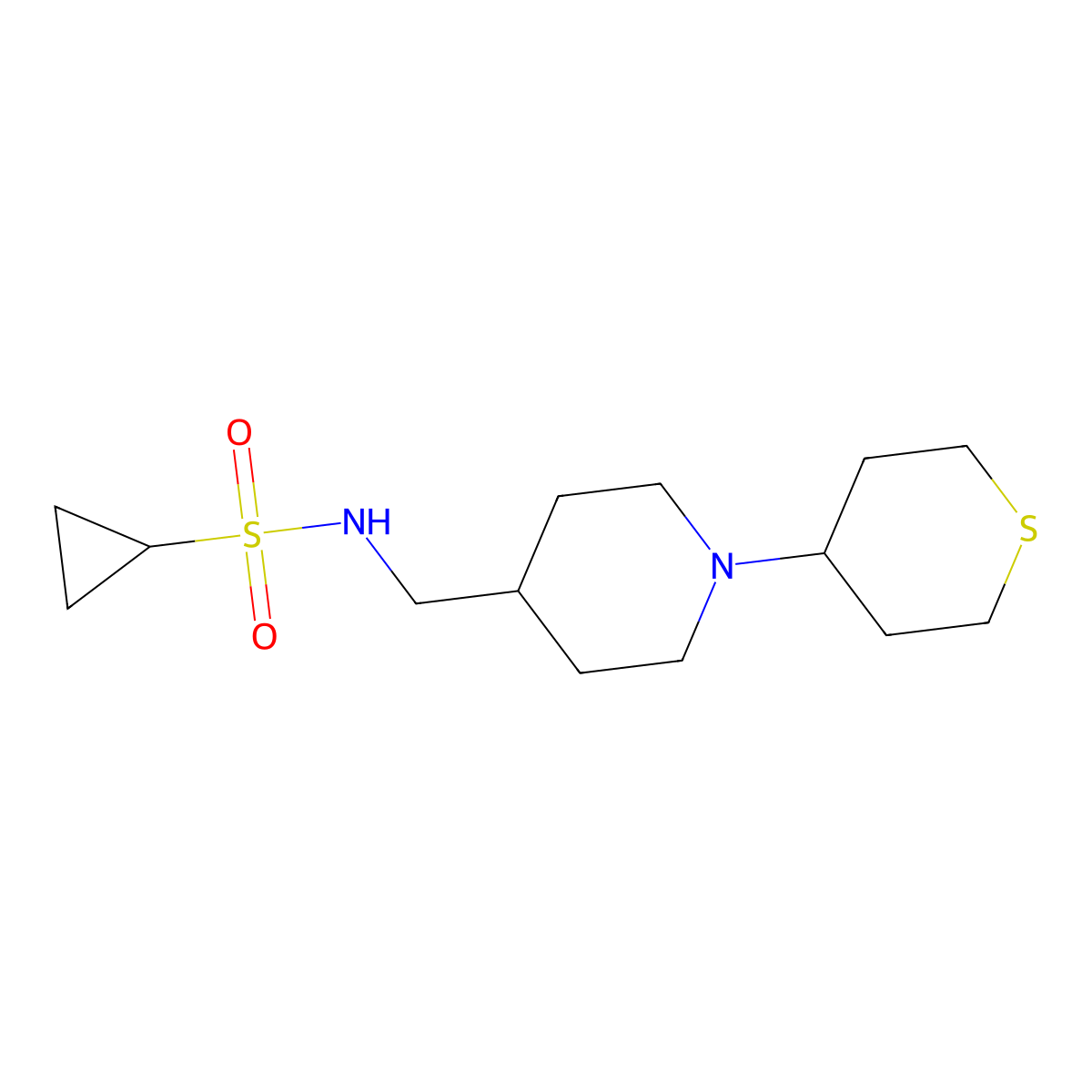 N-((1-(tetrahydro-2H-thiopyran-4-yl)piperidin-4-yl)methyl)cyclopropanesulfonamide molecular structure, CAS 2034241-35-3