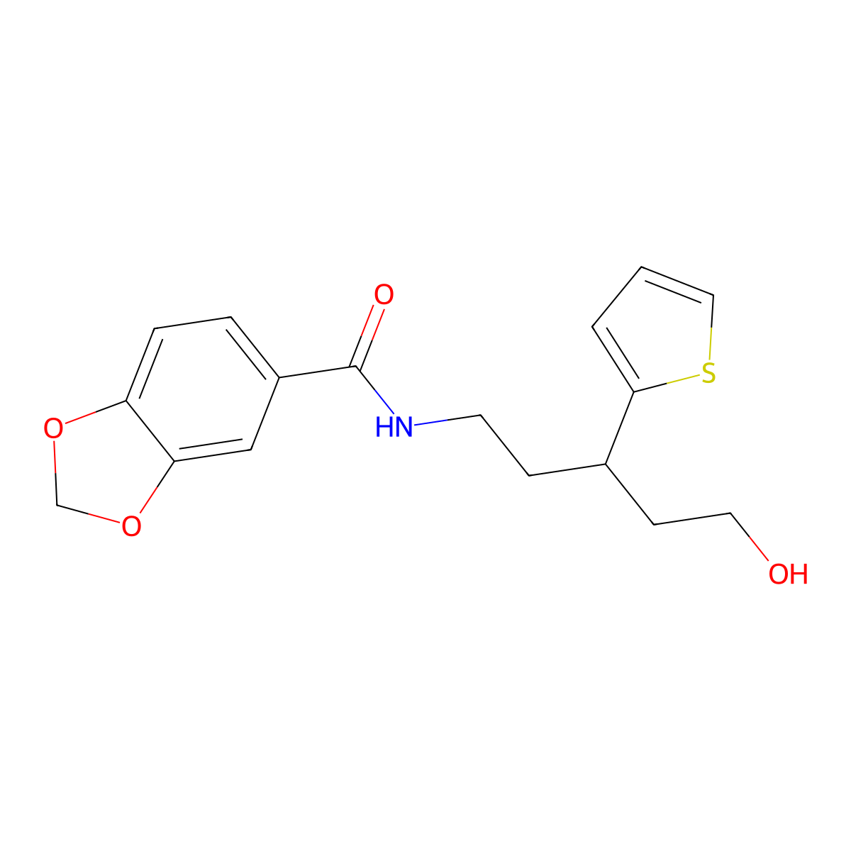 N-(5-hydroxy-3-(thiophen-2-yl)pentyl)benzo[d][1,3]dioxole-5-carboxamide molecular structure, CAS 2034241-36-4